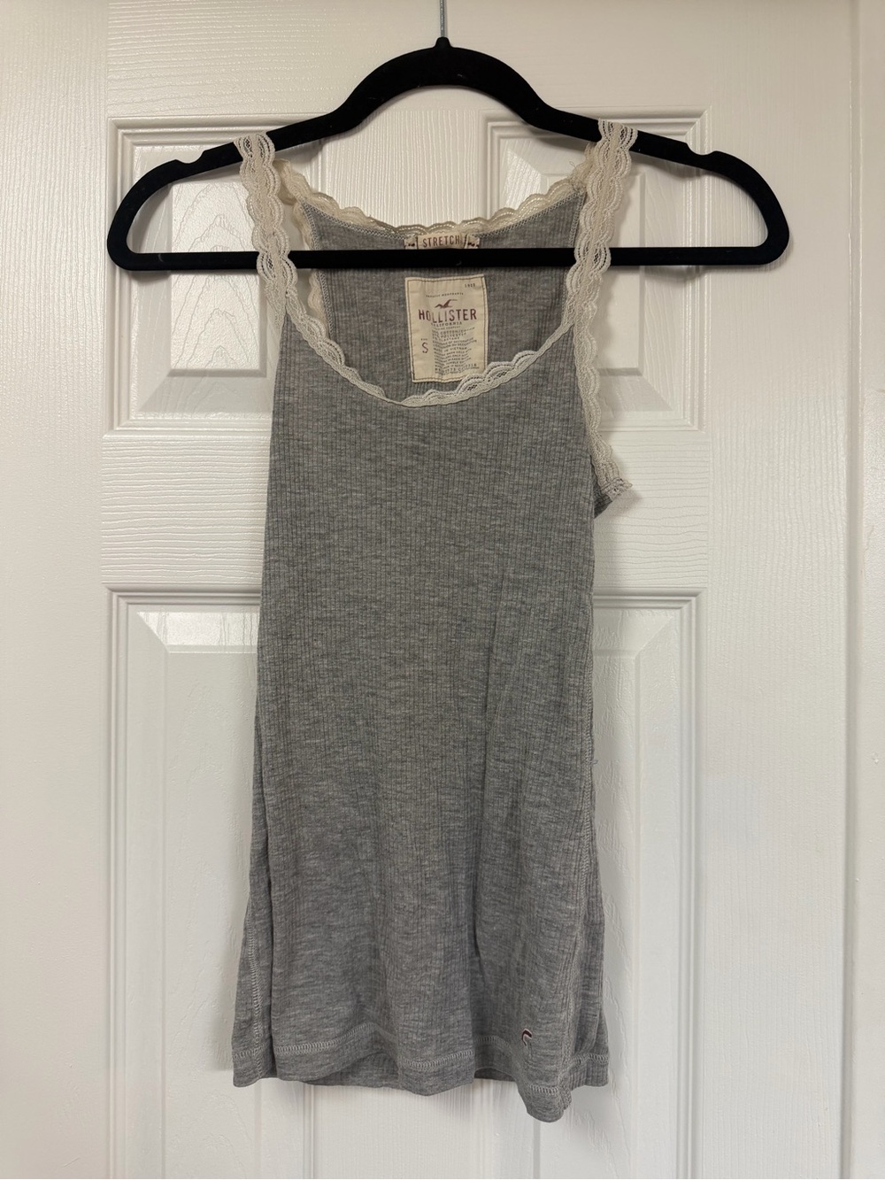 Hollister Gray Ribbed Tank with Cream Lace Trim